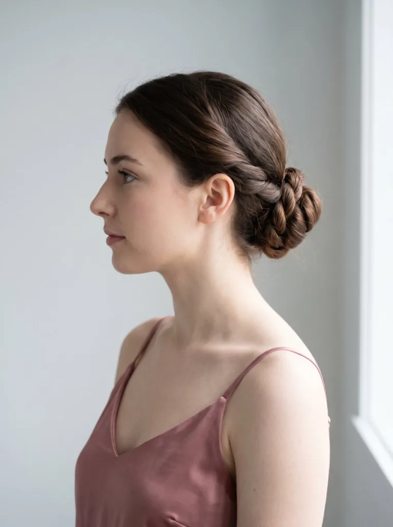 Pretty 22-year-old woman with fair porcelain skin and dark brown hair in a twisted rope low bun, left side profile portrait, pink satin dress, pale grey background