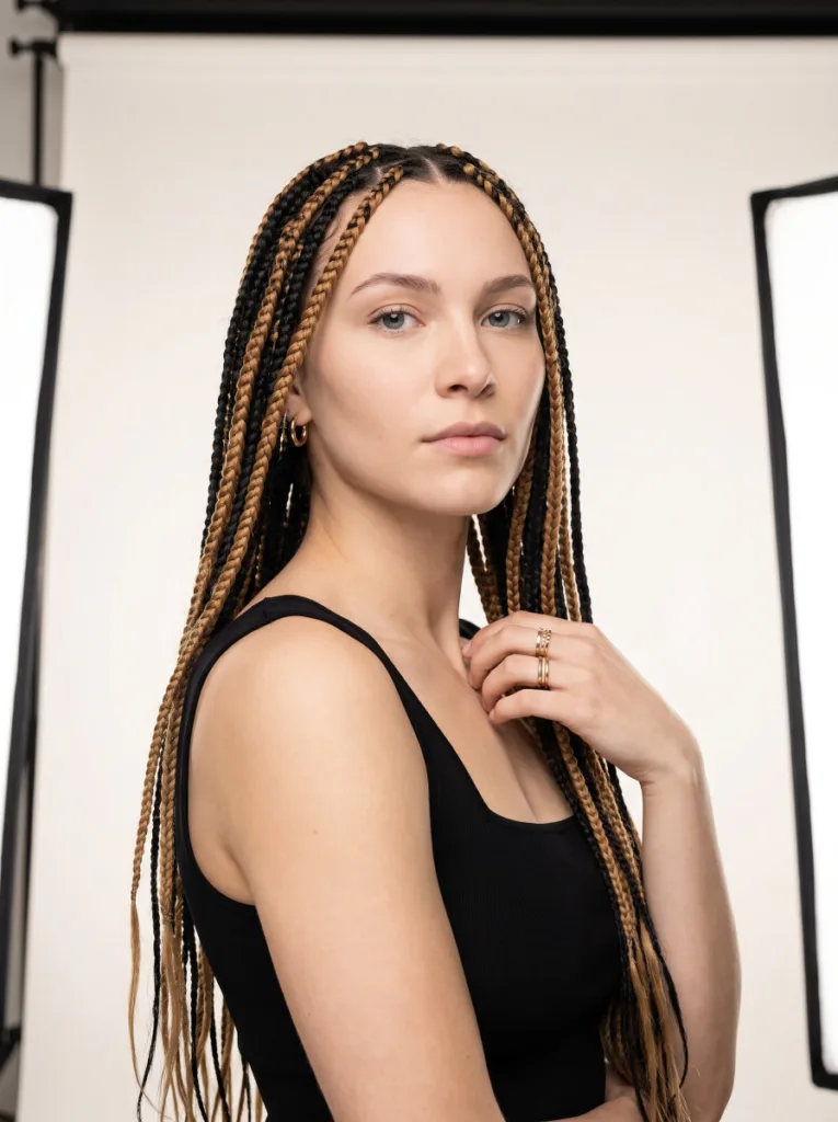 Young woman with alternating jet black and caramel blonde two-tone knotless braids worn loose