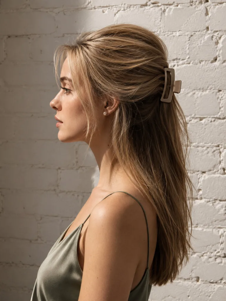 Woman with porcelain fair skin and fine blonde hair in a voluminous half up claw clip hairstyle with teased crown lift, photographed in profile against a white brick wall
