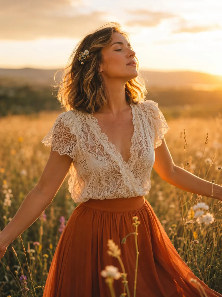 warm toned mushroom brown lob golden hour field outdoor portrait