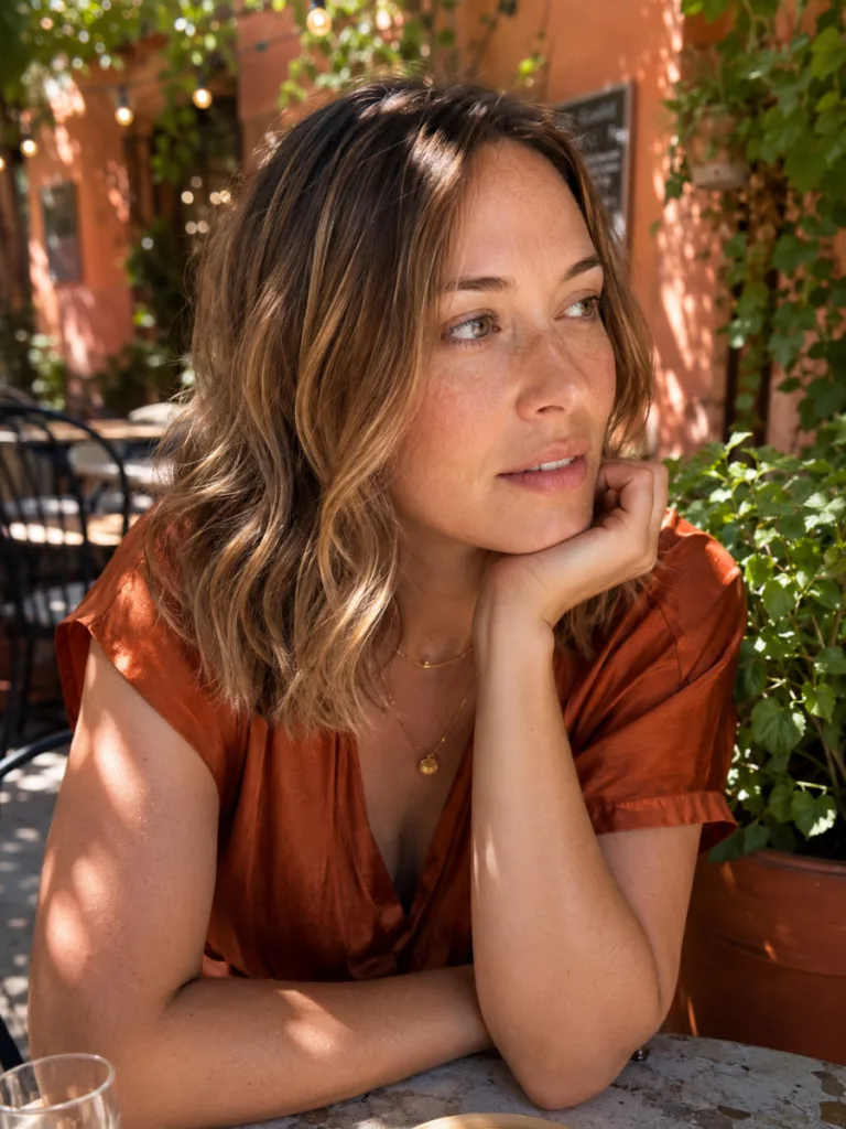wavy mushroom brown lob hair with babylights afternoon light