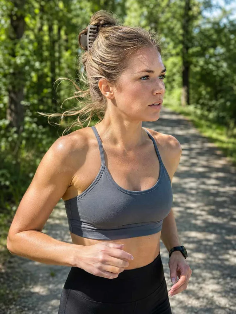 Athletic woman with fair skin and honey-blonde hair in a high-placement flat claw clip half up hairstyle at an outdoor running path, sporty and energetic morning light