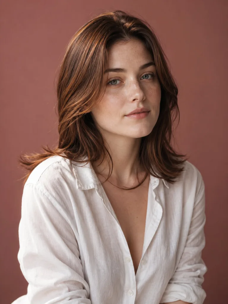 Close-up of ultra-fine auburn babylights in medium brown hair on a woman with freckled fair skin, dusty rose backdrop