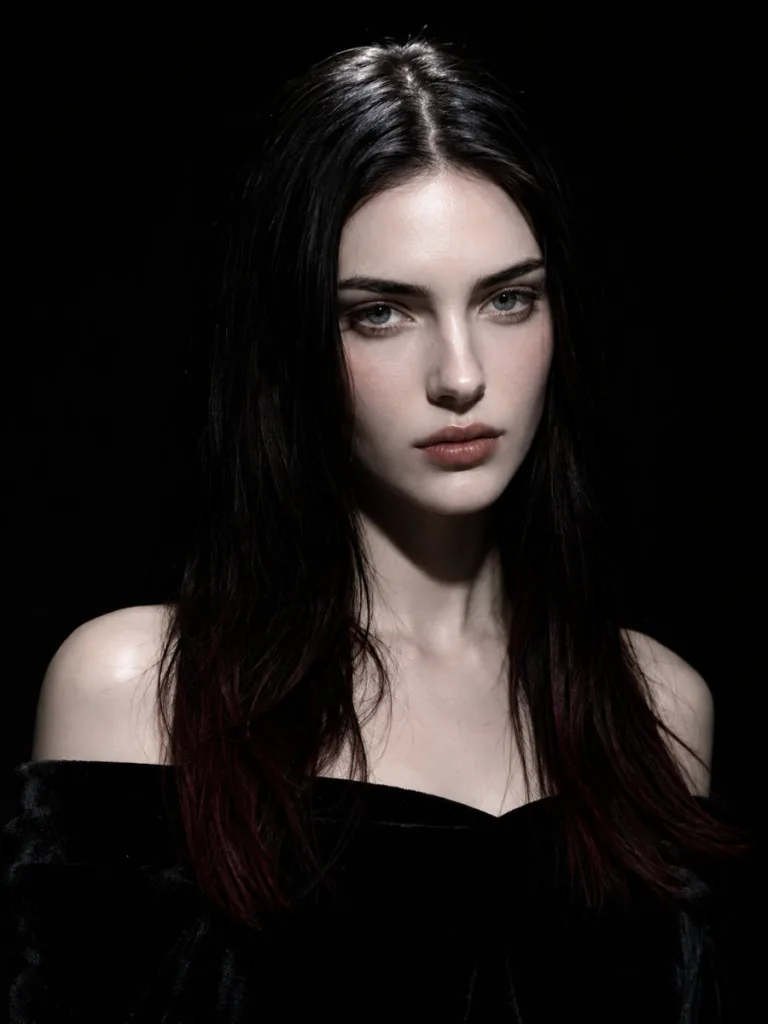 Woman with deep black cherry ombre on very dark near-black brown hair, direct square-on gaze, near-black backdrop, fair cool-toned skin