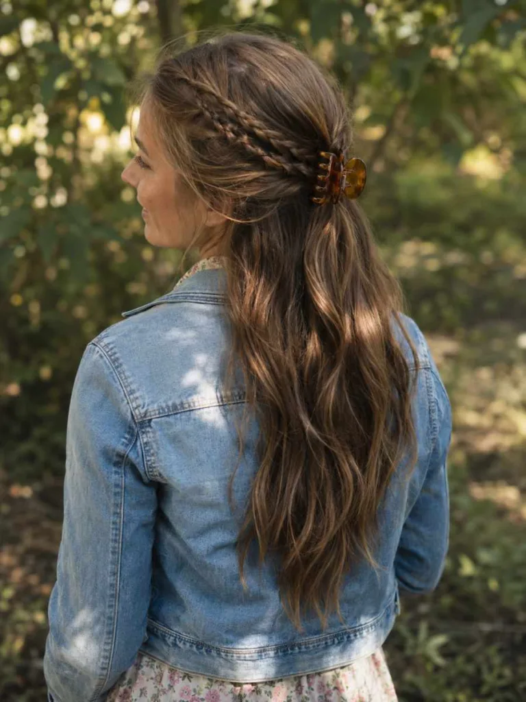 Three-quarter back view from the right of a fair-skinned woman with long light brown hair in a braided half-up claw clip updo, wearing a denim jacket over a floral blouse in dappled outdoor sunlight