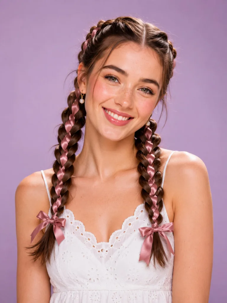 Fair-skinned woman with double dutch braids with dusty rose satin ribbons woven through, facing forward with a bright smile, lavender studio backdrop