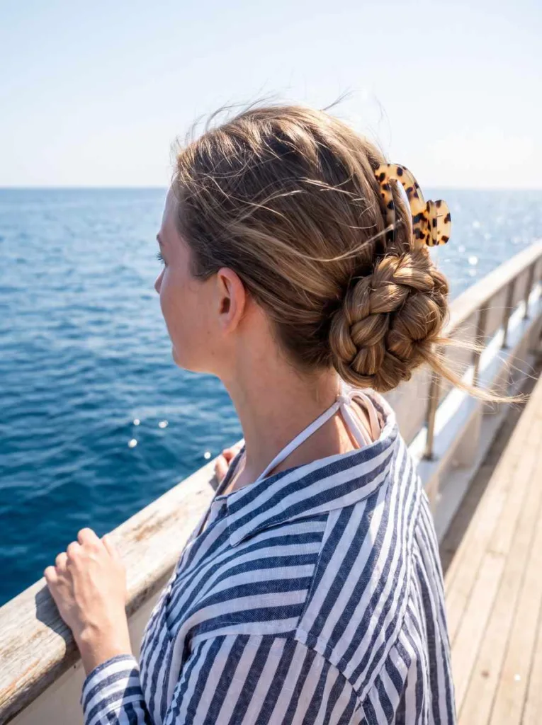 Braided low shell clip bun on long hair on a boat with ocean background
