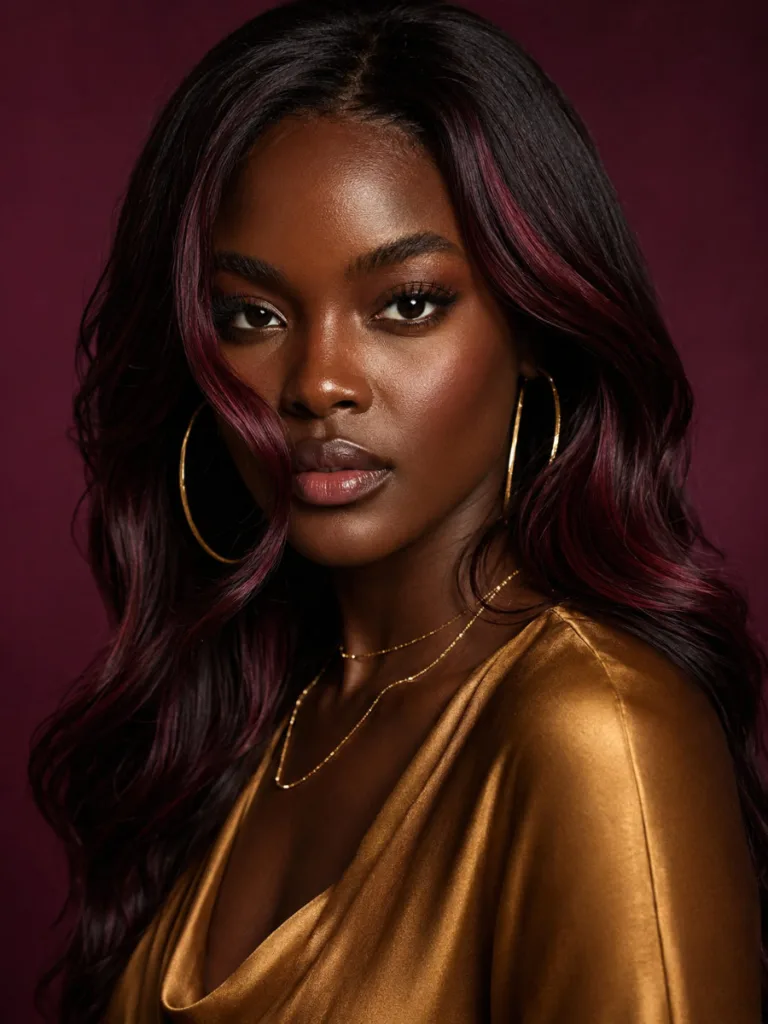 Black woman with burgundy red highlights woven through long dark brown hair, direct confident gaze, rich plum background, gold jewelry