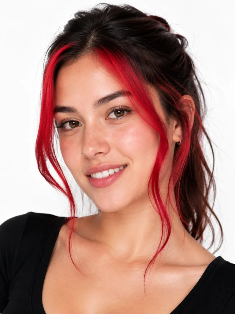 Close-up portrait of vivid cherry red face-framing highlights beside the cheeks on dark brown hair, clean white studio background