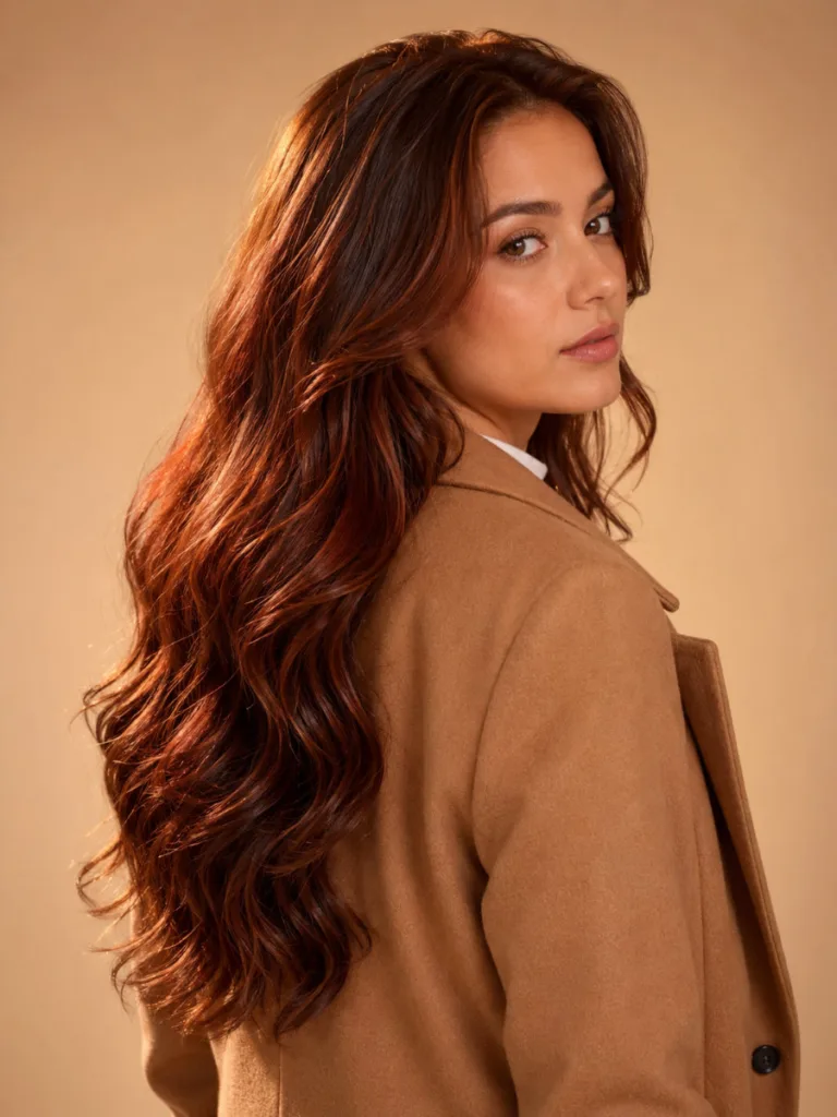 Woman with warm chestnut red highlights on medium brown hair, three-quarter back view with head turned, camel coat, warm neutral studio