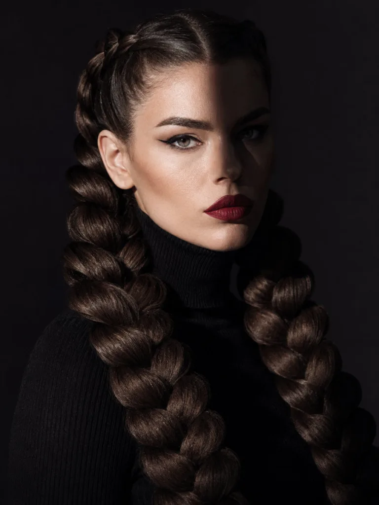 Fair-skinned woman with bold chunky dutch braid pigtails, dramatic side lighting, black turtleneck, dark studio background, editorial fashion portrait
