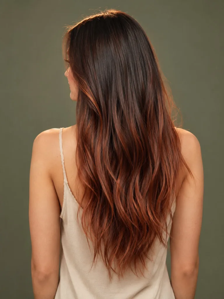 Back shot of cinnamon balayage on long brown hair showing warm gradient from dark roots to red-brown ends, sage green background