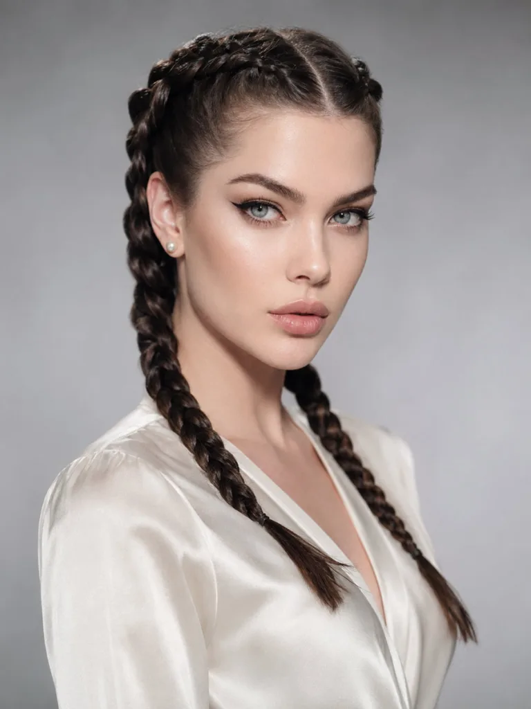 Woman with fair skin in a classic sleek double dutch pigtail hairs style, polished center part, ivory blouse, studio portrait