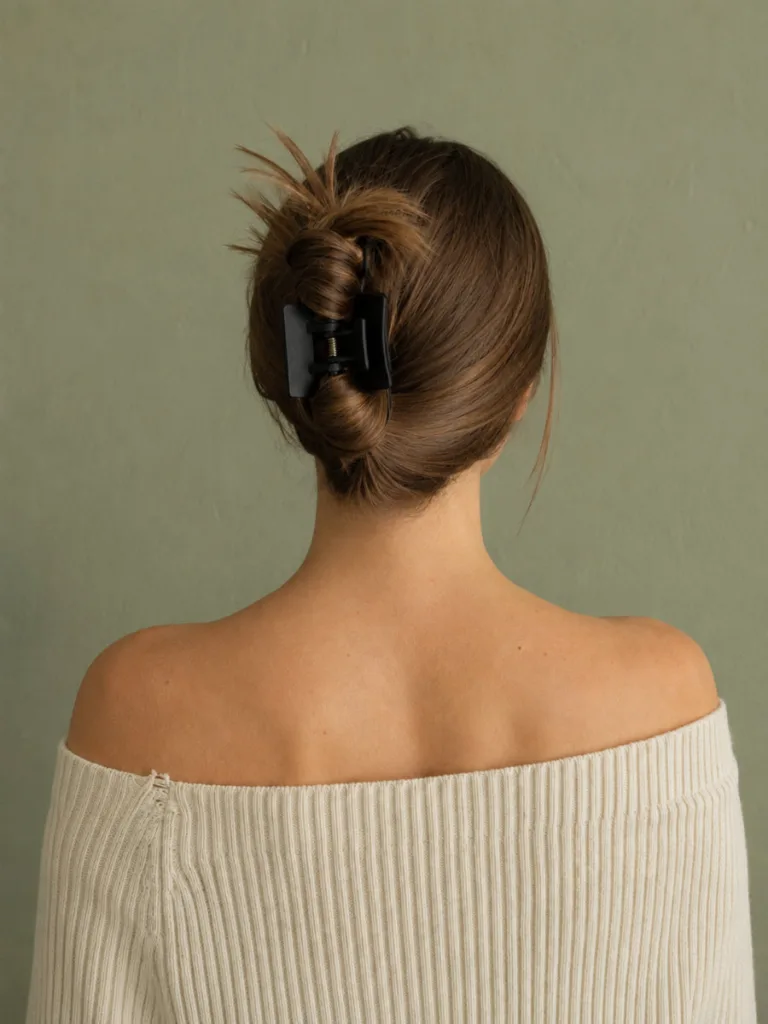 Back view of a fair-skinned woman with light brown hair in a classic low twist secured with a matte black claw clip, wearing an off-shoulder cream knit sweater against a sage green wall