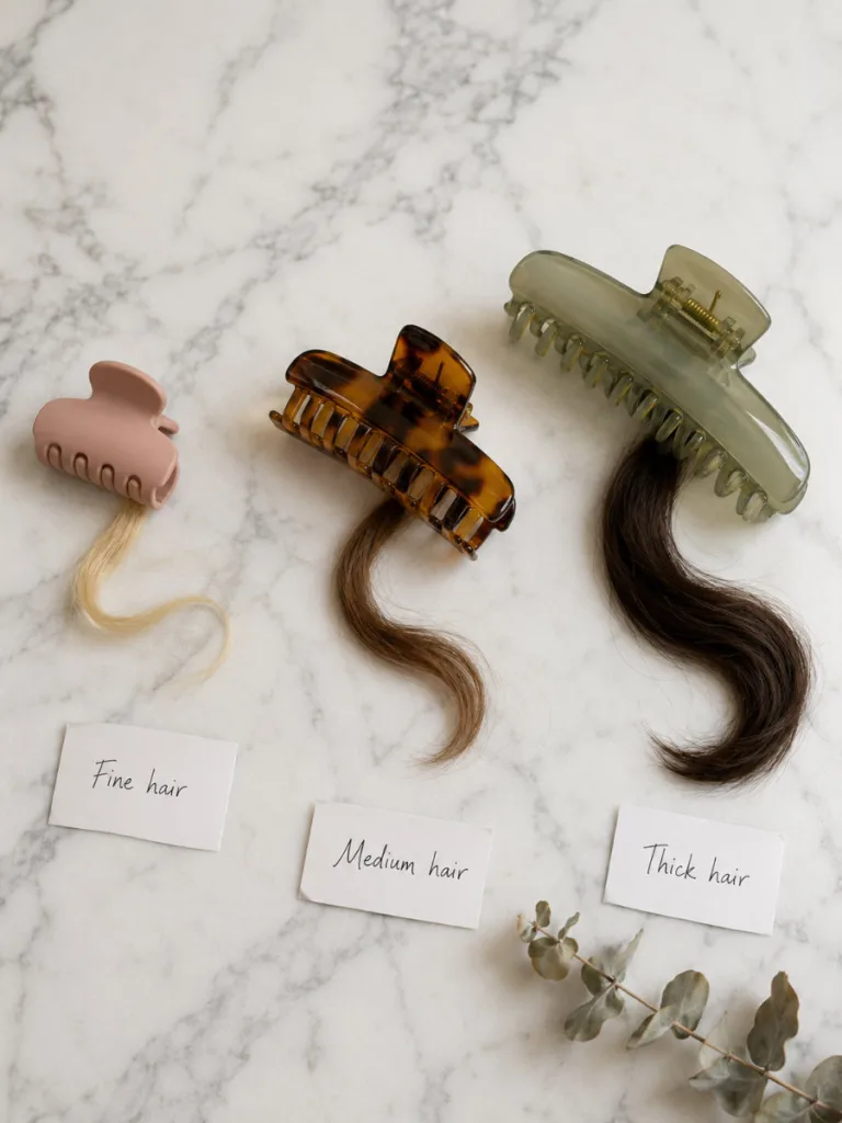 Overhead flat-lay of three claw clips on white marble — a small matte blush clip for fine hair, a medium tortoiseshell clip for medium hair, and a large sage jelly clip for thick hair, with handwritten-style label cards