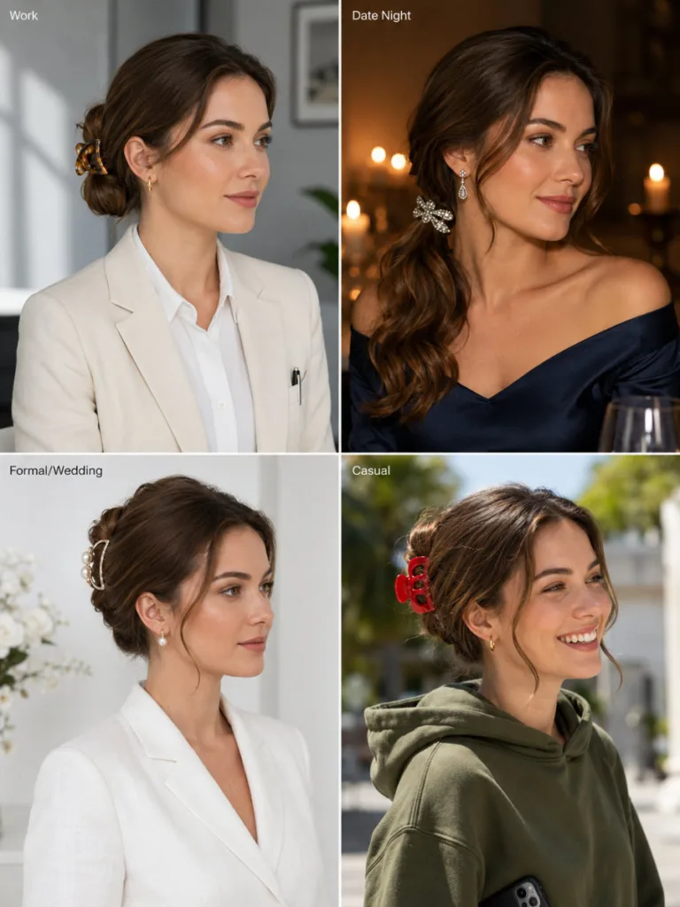 Four-panel collage of a fair-skinned woman wearing four different claw clip updo hairstyles for work, date night, formal event, and casual day — each with different outfit, clip, and setting