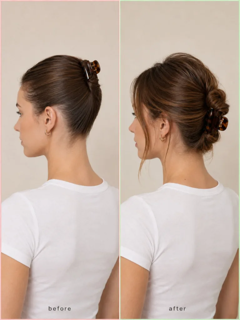 Side-by-side before-and-after comparison of a claw clip updo — left shows clip placed too high with scalp tension and no face-framing, right shows correct placement lower with crown volume and loose face-framing pieces