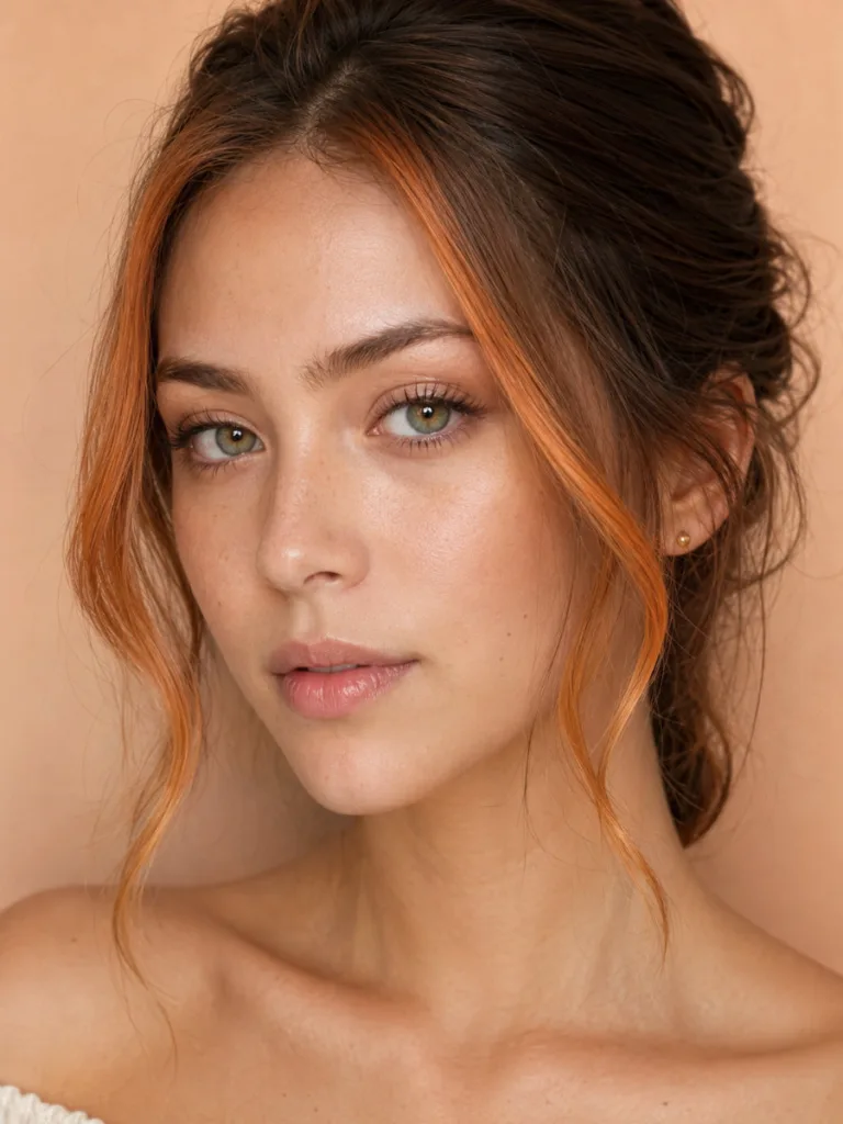 Extreme close-up portrait of copper face-framing highlights beside the cheekbones on medium brown hair, soft apricot background