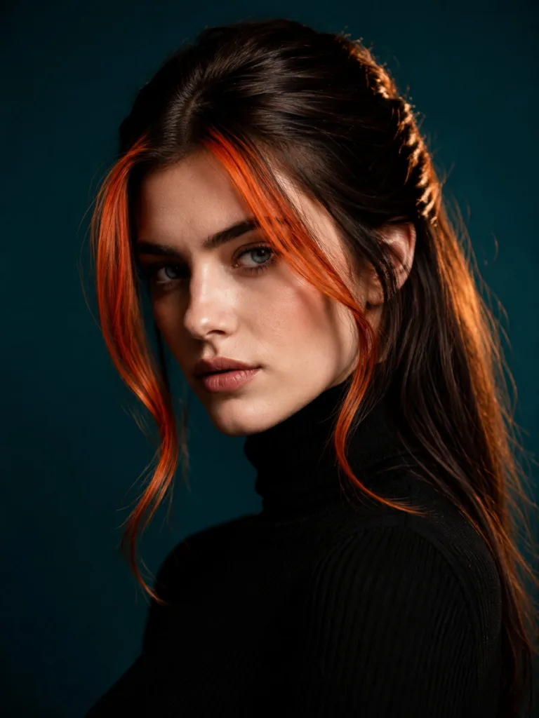 Bold face-framing copper highlights on dark brown hair, woman with pale blue eyes, deep teal background, dramatic side lighting