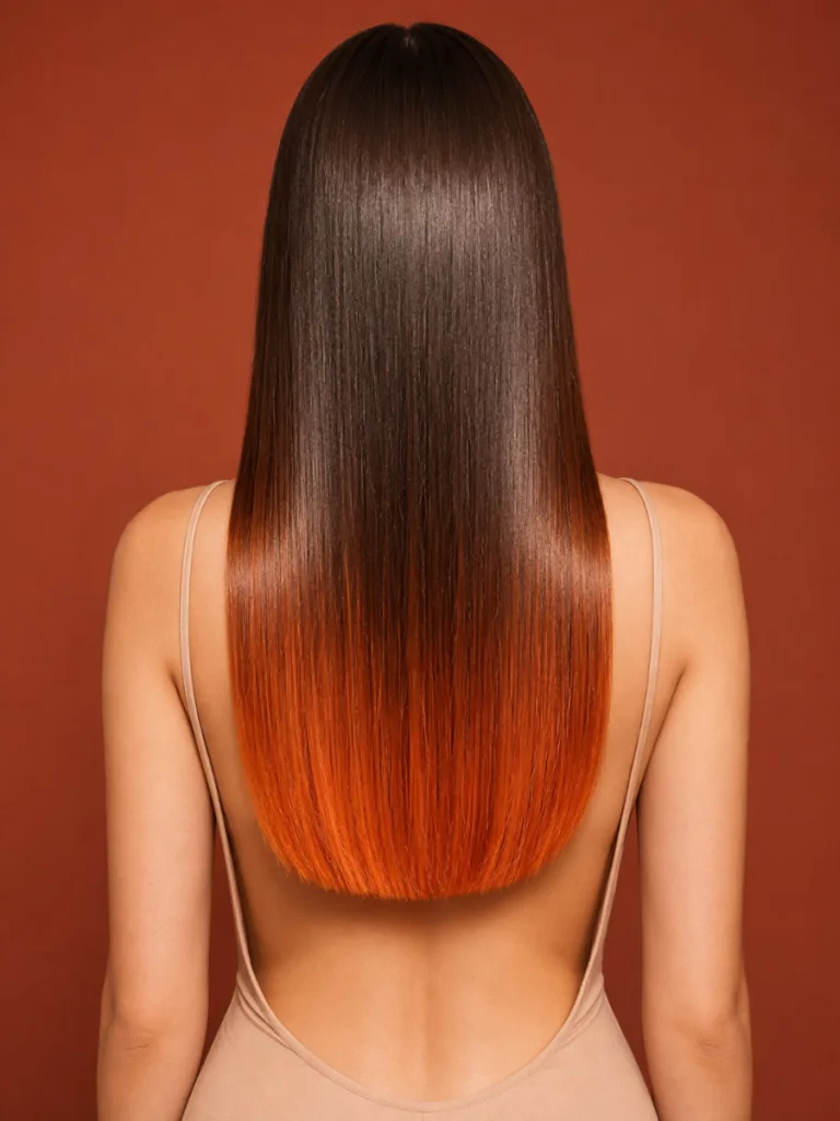 Full back shot of copper ombre on very long straight dark brown hair showing clean gradient from dark roots to vivid copper ends, terracotta background