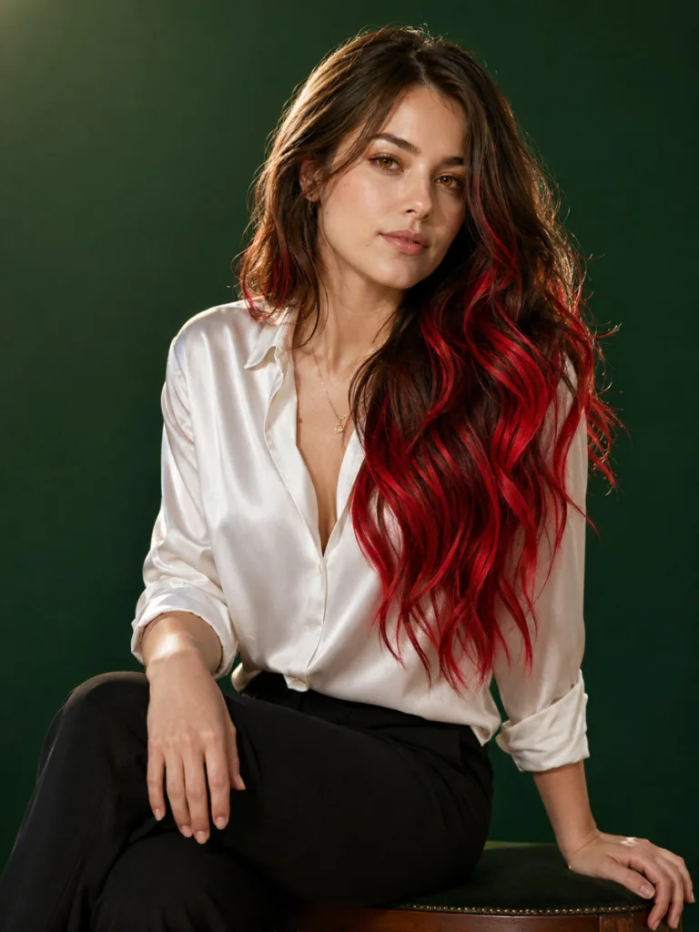 Woman with vivid crimson balayage on long brown hair seated on a stool, deep forest green background, white silk blouse, amber eyes