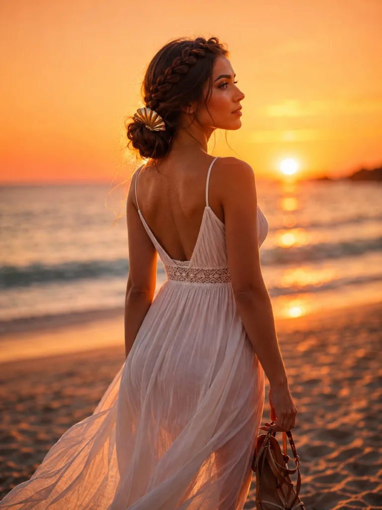 Crown braid shell clip vacation bun on long extra-long hair with ocean background at sunset