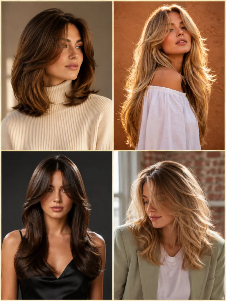 Four celebrity-inspired curtain blowout hair looks showing different lengths and finishes