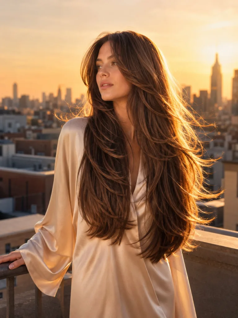 Woman with long layered curtain blowout hair showing movement and dimension through lengths