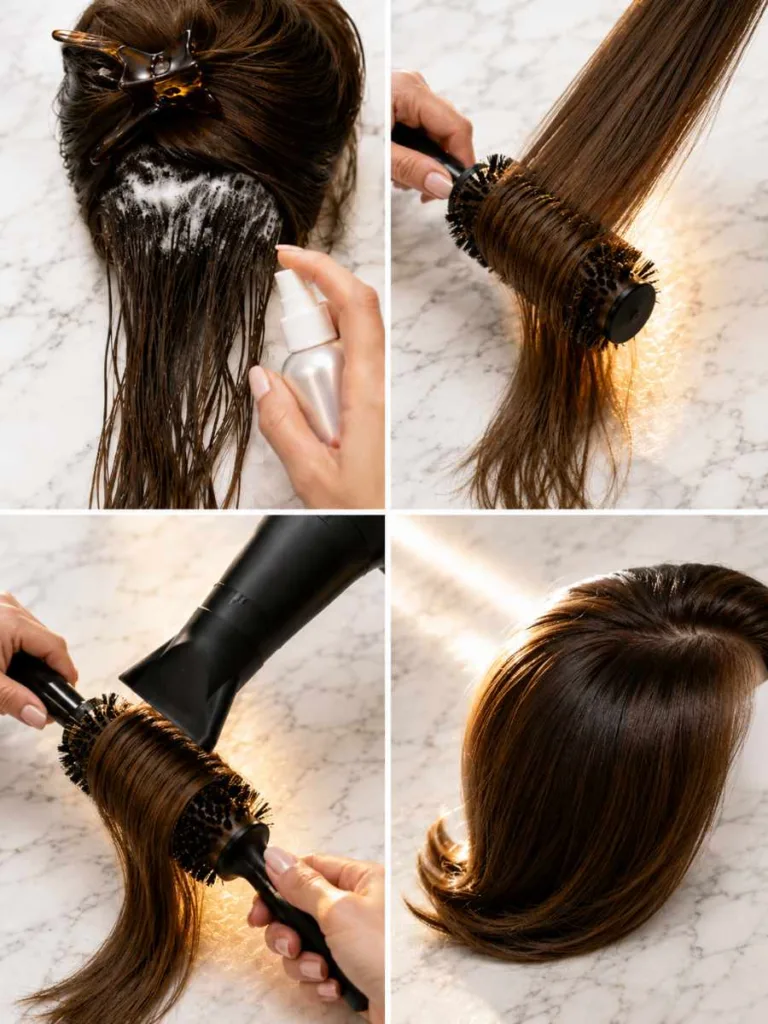 Step-by-step round brush blow dry technique for curtain blowout hair