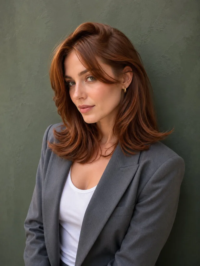 Woman with side-part curtain blowout hair showing sculpted volume and asymmetric frame