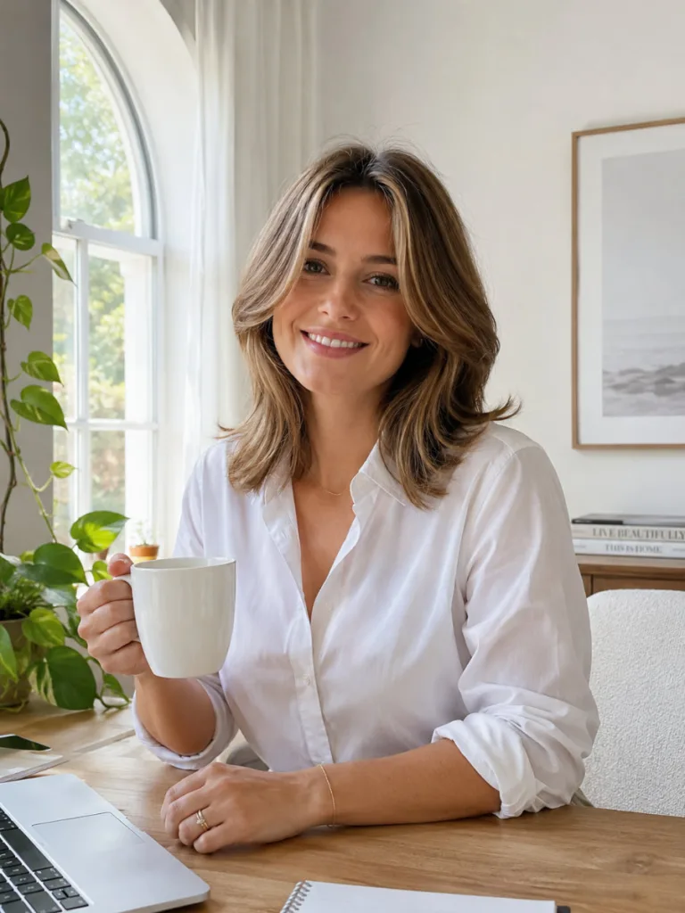 Woman with soft everyday curtain blowout hair in casual office setting