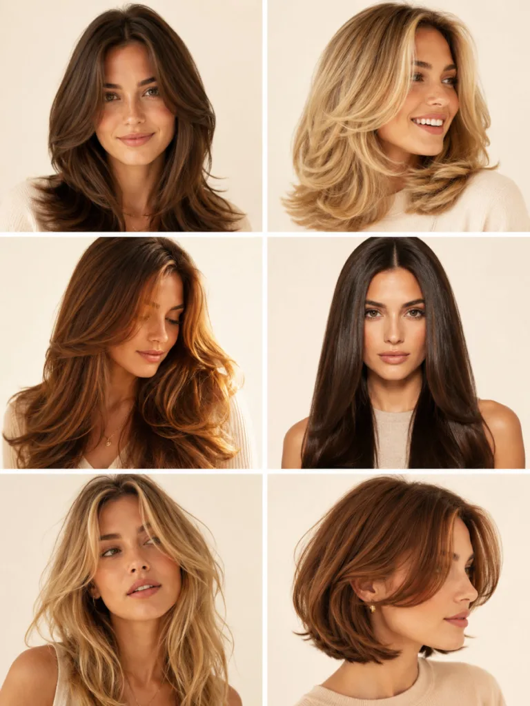 Six curtain blowout hair styles in a grid including bouncy, feathered, sleek, and tousled variations