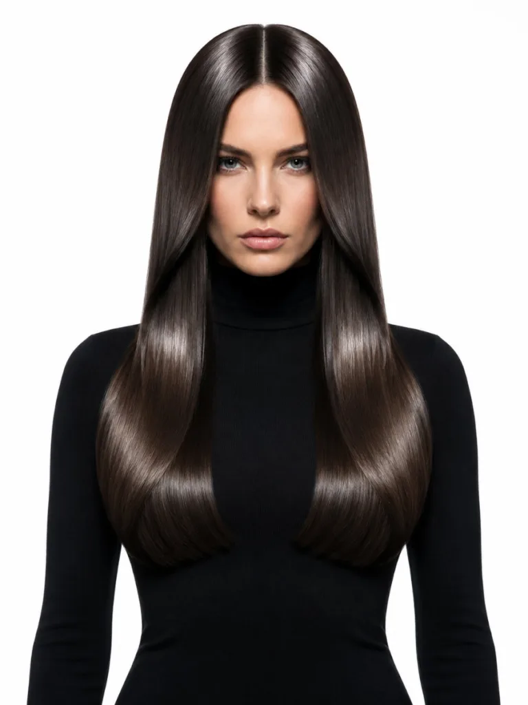 Woman with ultra-sleek center-part curtain blowout hair showing glass-smooth finish