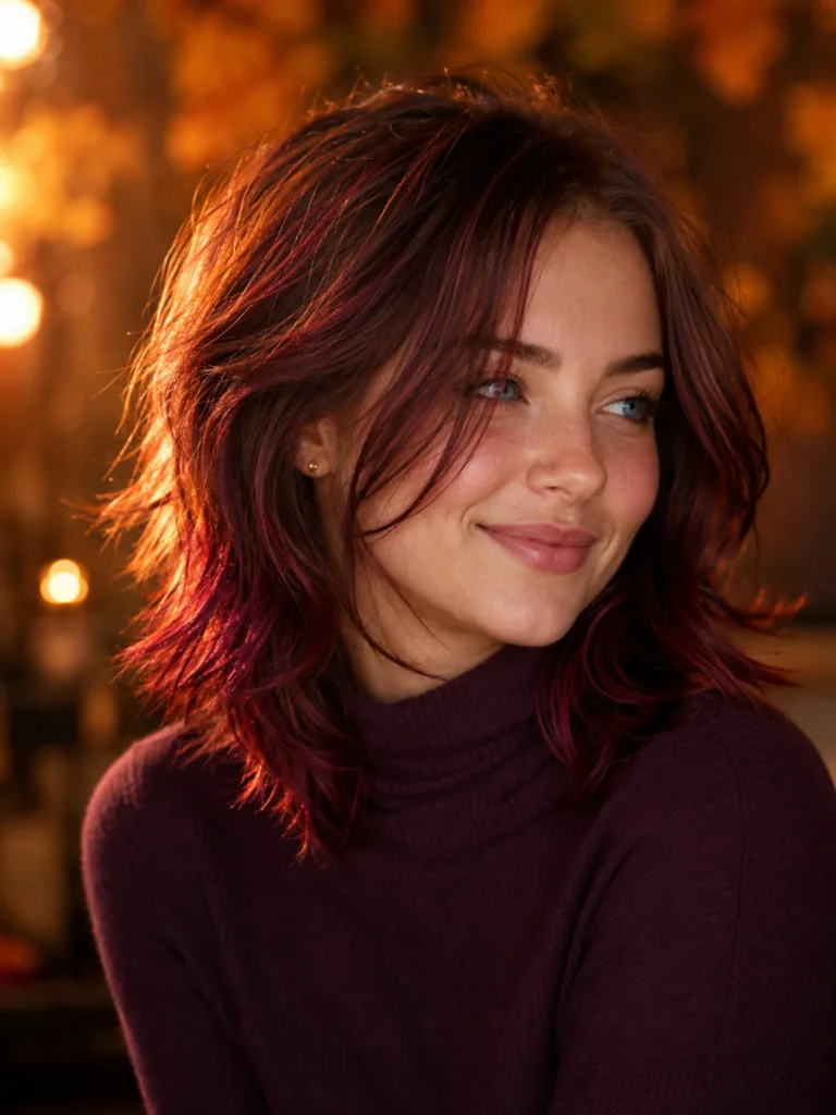 Woman with dark cherry red highlights on layered shoulder-length brown hair, candid expression, warm amber bokeh background