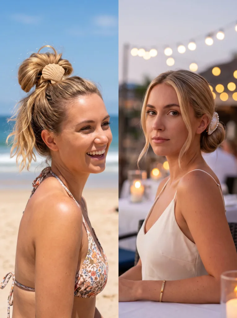 Split image showing daytime messy shell clip bun and polished evening shell clip bun