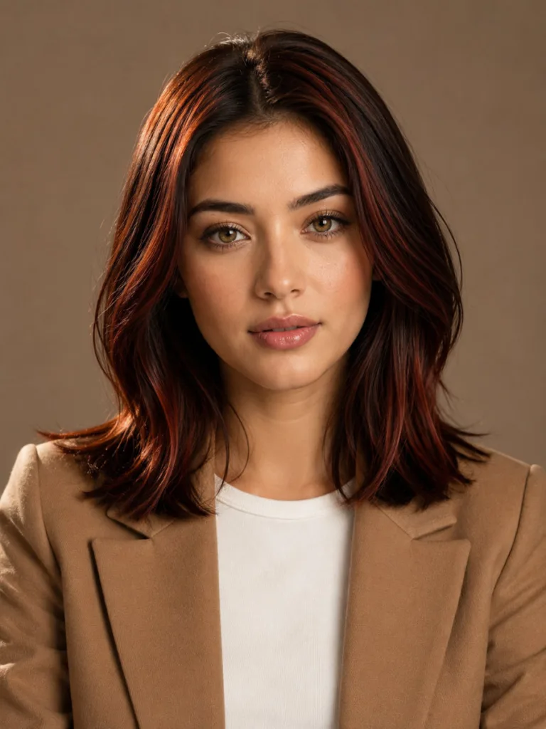 Professional woman with deep auburn highlights on shoulder-length dark brown hair in a smooth blowout, looking directly at camera, warm taupe background