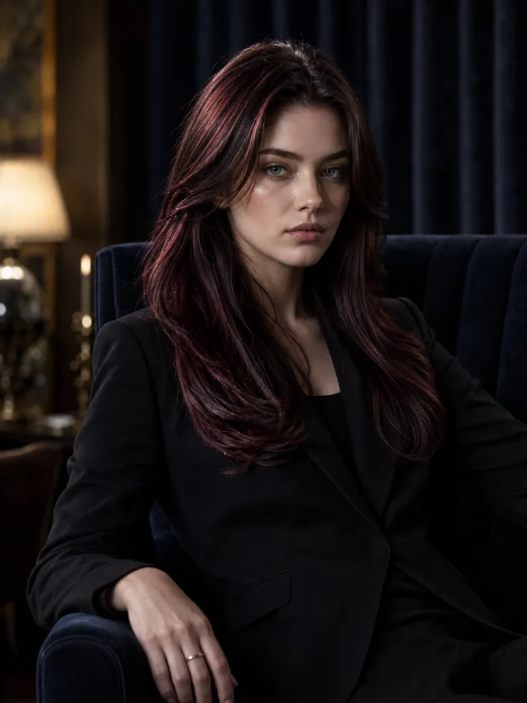Woman with deep wine plum highlights on long dark brown hair, sophisticated interior setting, dramatic side lighting, black blazer