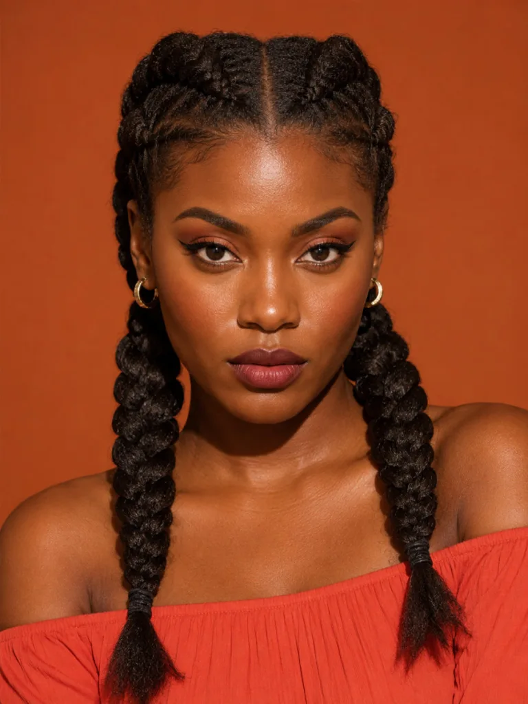 Black woman with rich warm-brown skin in bold double dutch pigtail hairs on thick 4C natural hair, vibrant coral top, warm amber studio