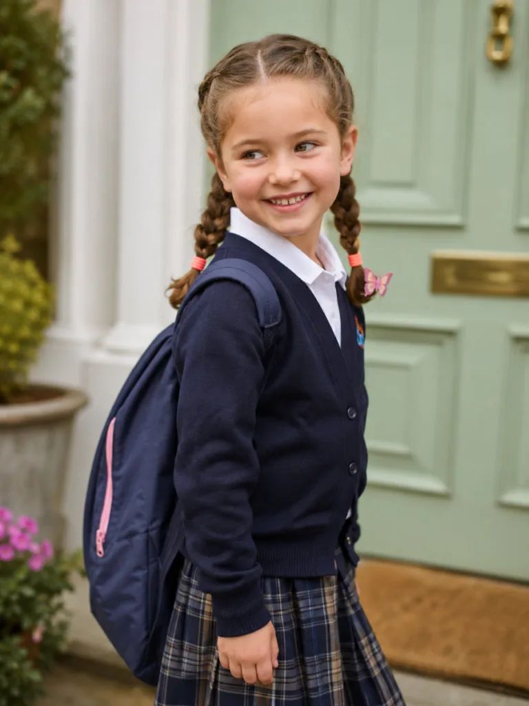 Young girl in school uniform with neat double dutch pigtail hairs and butterfly clips at a sage green front door on a bright morning