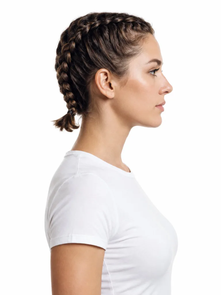 Side profile of a fair-skinned woman with double dutch pigtail hairs on short jaw-length hair, white studio background