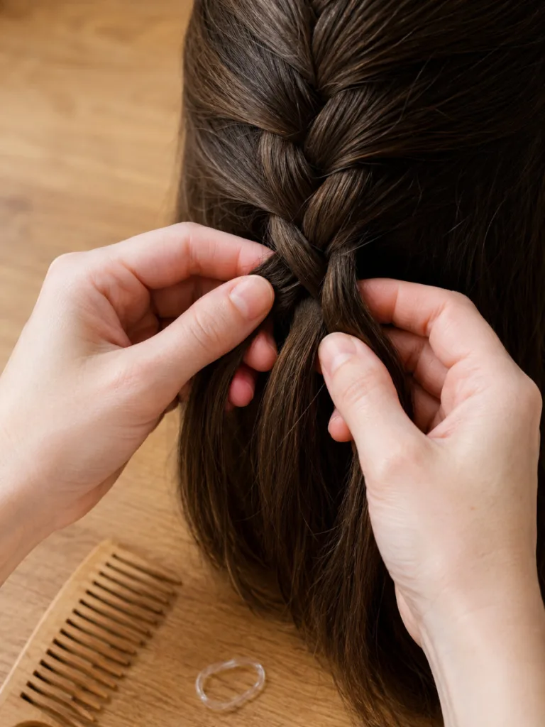 Close-up of hands demonstrating the under-crossing braiding motion for double dutch pigtail hairs