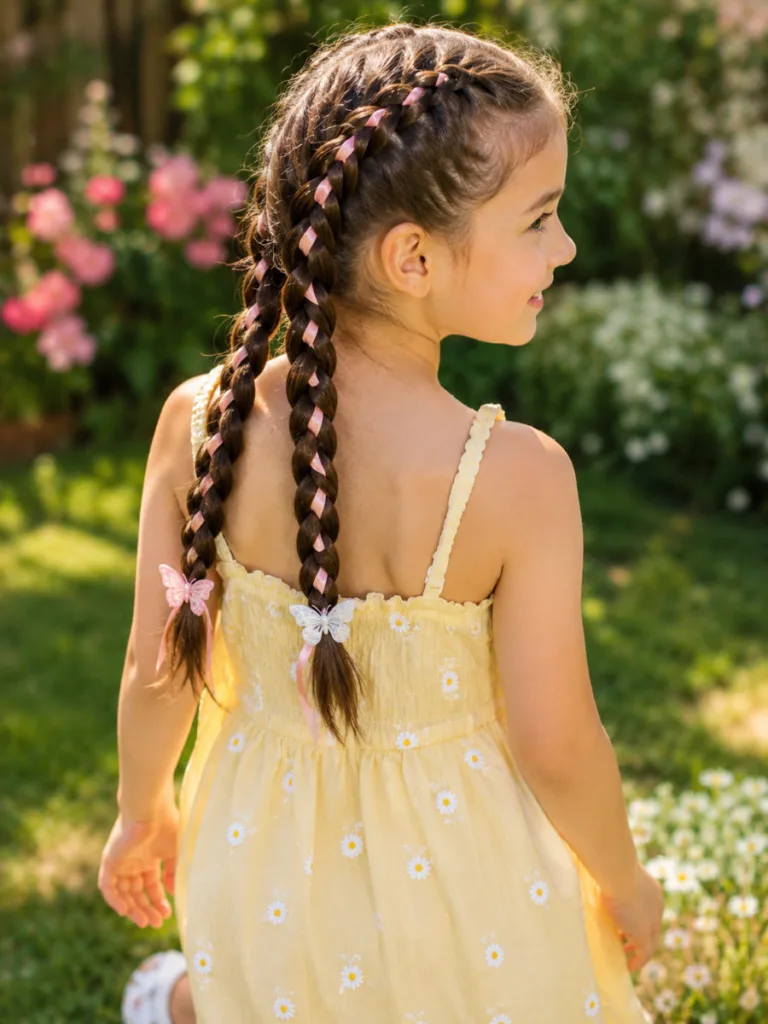 Young girl viewed from behind with double dutch pigtail hairs with pink satin ribbons and butterfly clips, backyard garden, yellow sundress