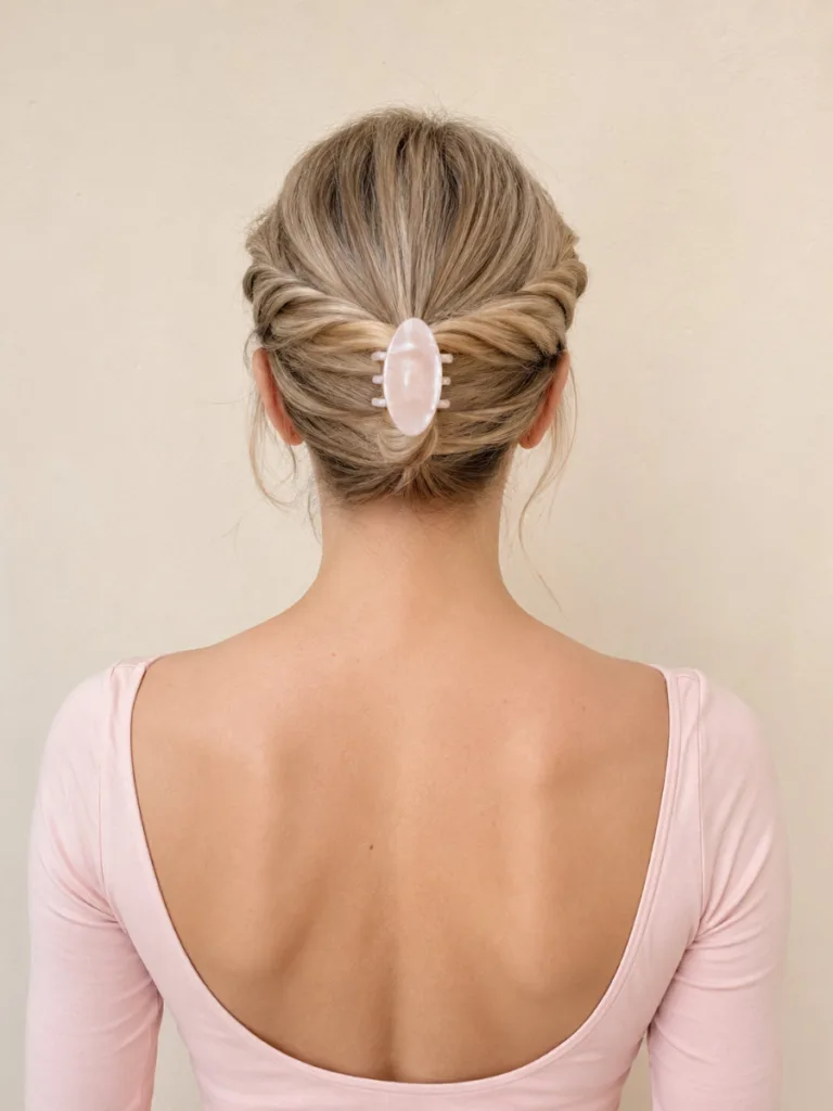 Straight back view of a fair-skinned woman with ash-blonde hair in a double twist secured with a large pearl-finish claw clip, wearing a soft ballet-pink scoop-back top against a warm cream wall