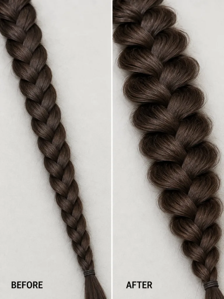 Side-by-side comparison of a dutch braid before pancaking (flat and narrow) and after pancaking (wide and voluminous)