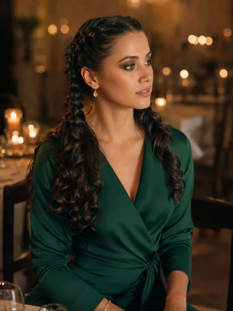 Fair-skinned woman in an emerald wrap dress with dutch braid pigtails transitioning to soft barrel curls at the ends, warm candlelit restaurant setting