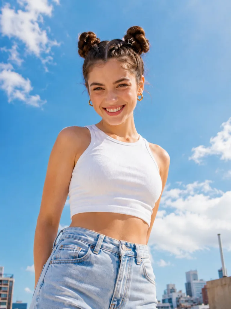 Young woman with fair skin and dutch braid pigtails coiled into high space buns, low-angle shot against blue sky