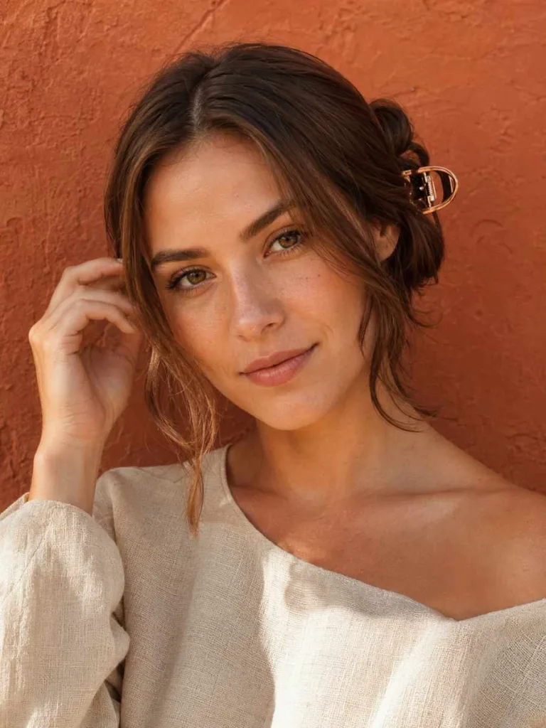 Front-facing close-up of a fair-skinned woman with warm brown hair in a face-framing claw clip twist, two loose strands framing her face, wearing an off-shoulder cream linen blouse against a terracotta wall