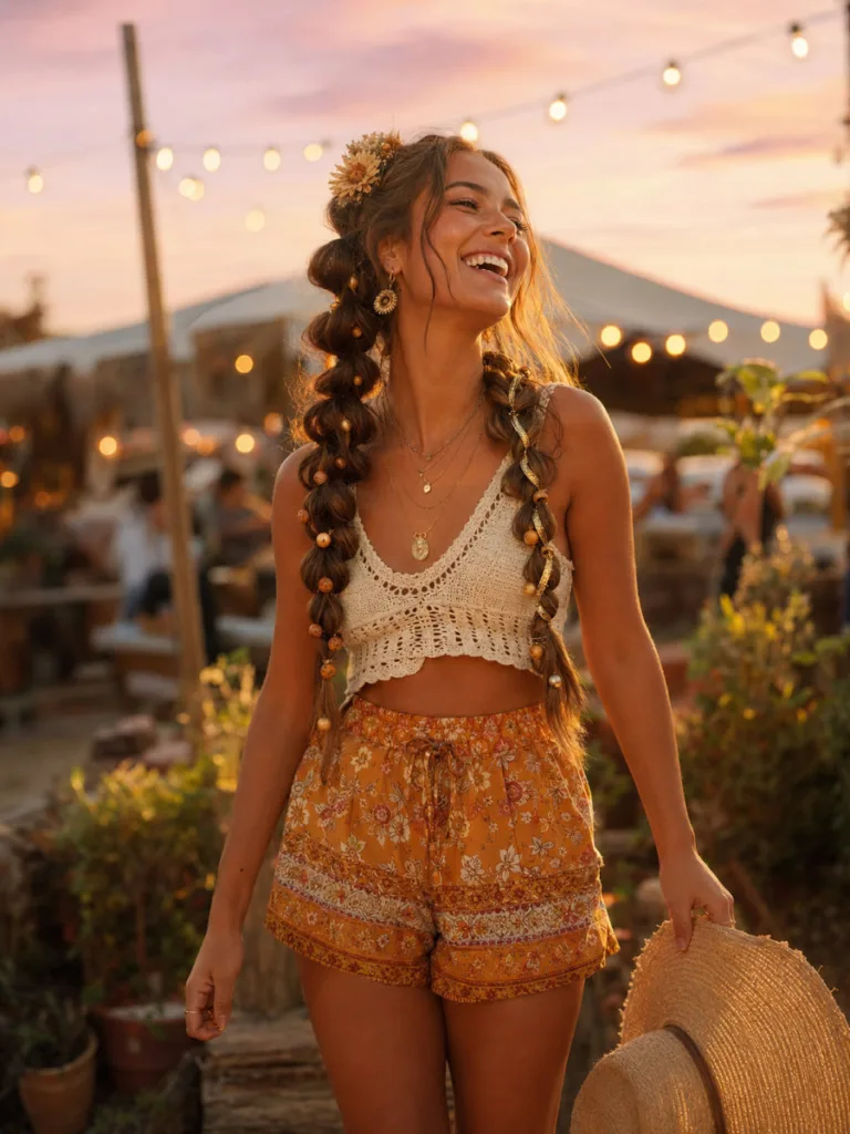 Fair golden-skinned woman with heavily pancaked festival braid pigtails, beads, gold ribbon, and dried flower crown, laughing at sunset
