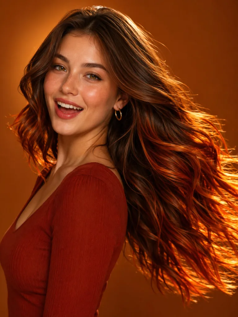 Woman with vivid ginger balayage on medium brown wavy hair, warm amber backdrop, hair caught mid-movement