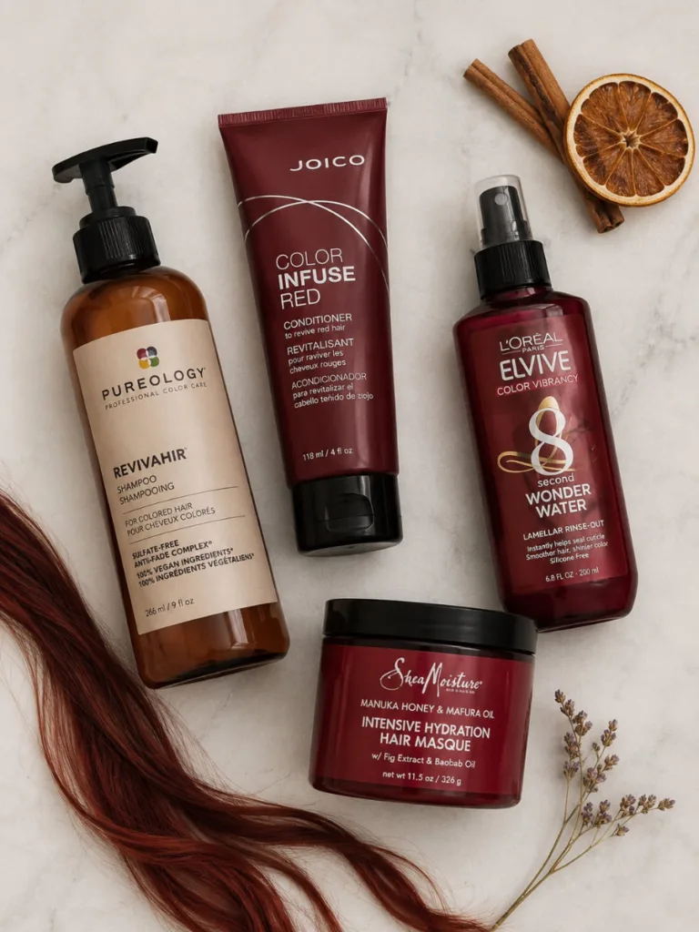 Flat lay of color-safe shampoo, purple toning conditioner, UV hair spray, and color-depositing treatment for red highlights on white background with auburn hair strands